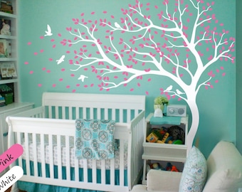 White Tree Wall Decal Wall Art Decor Wall Tattoo Tree Decal Huge Tree wall decal Wall Mural Stickers Nursery Tree and Birds - 098