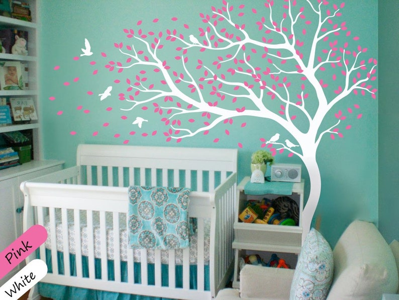 White Tree Wall Decal Wall Art Decor Wall Tattoo Tree Decal Huge Tree wall decal Wall Mural Stickers Nursery Tree and Birds 098 image 1