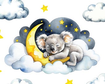 Adesivo murale Koala addormentato / Set di adesivi in tessuto con luna e stelle