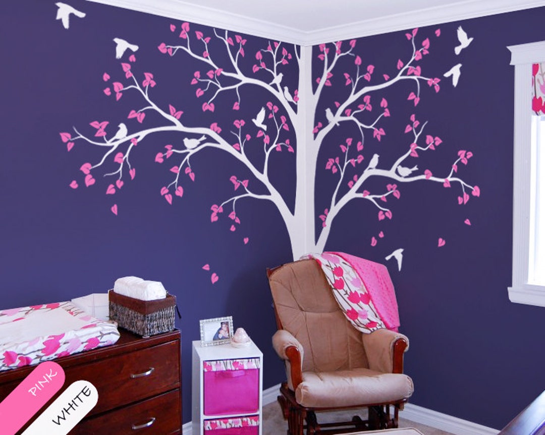 Large White Tree Wall Decal – Corner Tree With Birds - Etsy