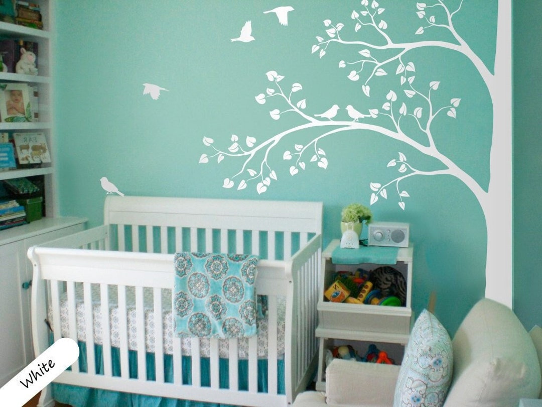 Large White Tree Wall Decal Corner Tree Sticker With Leaves and Birds ...