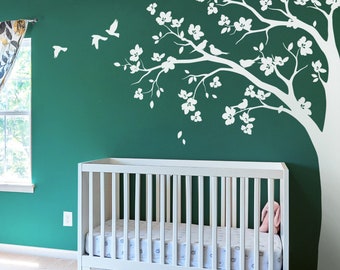 Large Tree Wall Decal Big White Blossoms Tree wall Stickers Corner Huge Wall Decals Wall Art Tattoo Wall Mural Décor - 087