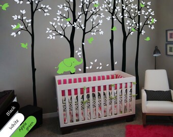 Birch Tree Wall Decal, Elephant, Birds, Nursery Decor