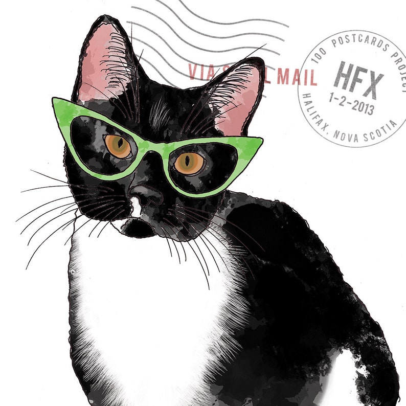 Cute illustrated hipster cat wearing glasses watercolor postcard art print