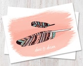 Hand drawn inspirational feather illustrated postcard set | dare to dream | art print