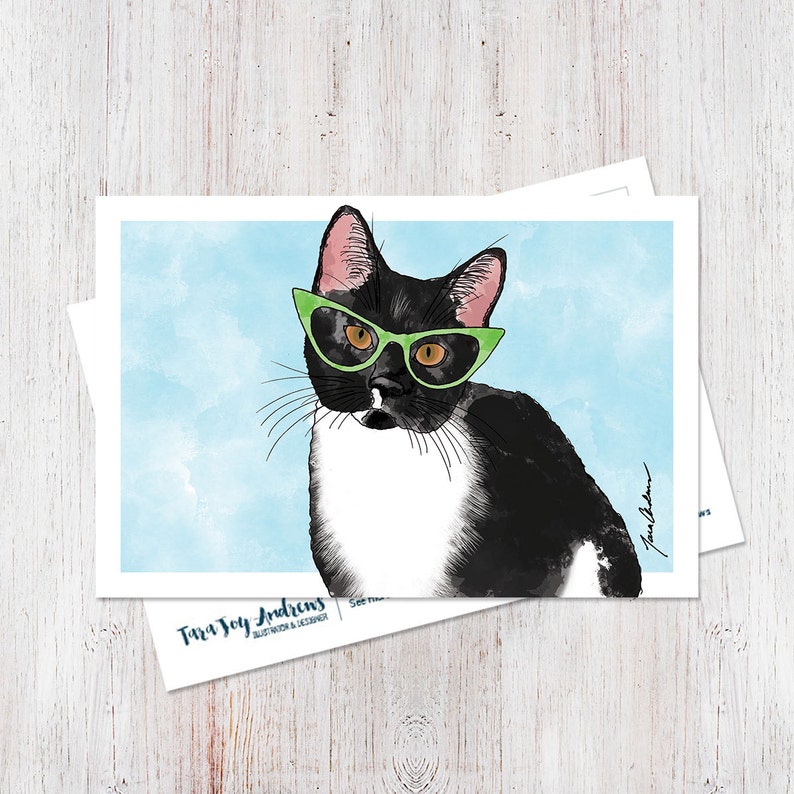 Cute illustrated hipster cat wearing glasses watercolor postcard art print
