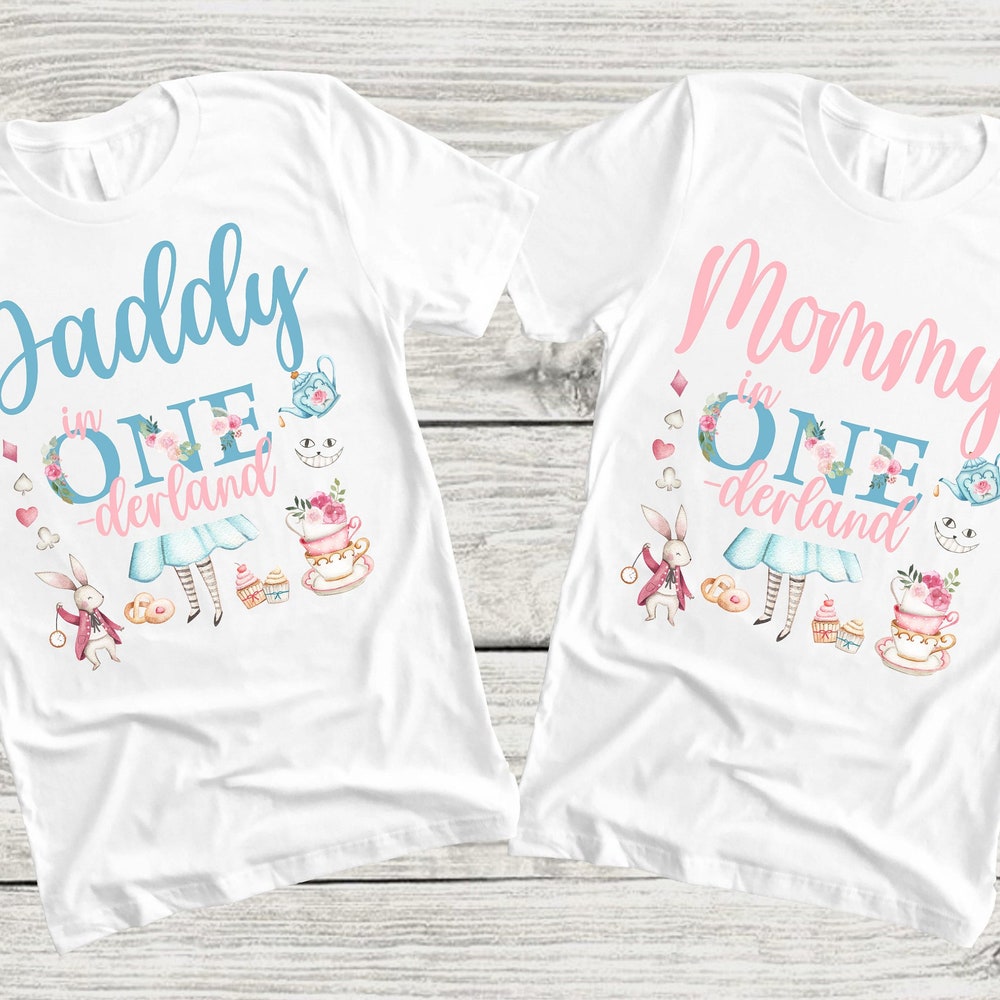 Alice In Onederland Birthday Family Shirts - Tea Party 1St Birthday Girl, Mom Dad Nana Brother Aunt, White Rabbit, Chesire Cat, Pink Blue