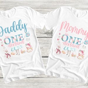 Alice in ONEderland Birthday Family Shirts - tea party 1st birthday girl, mom dad nana brother aunt, white rabbit, chesire cat, pink blue