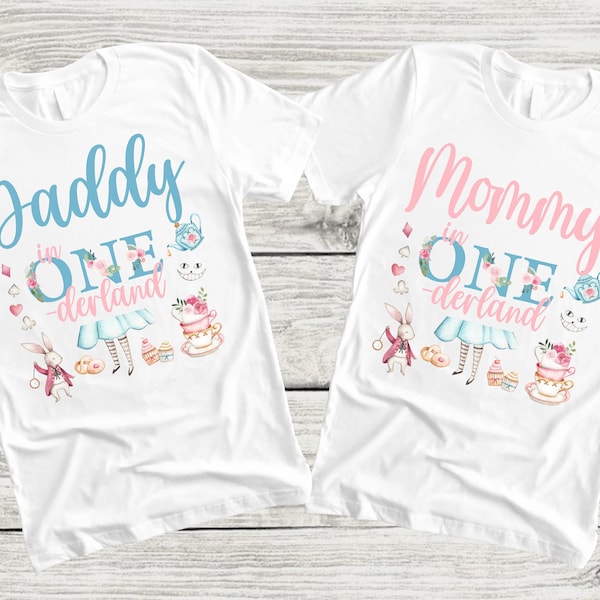 Alice in ONEderland Birthday Family Shirts - tea party 1st birthday girl, mom dad nana brother aunt, white rabbit, chesire cat, pink blue