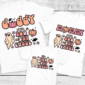 Boo-day Ghoul Family Shirts - groovy retro, mom dad brother nana, pink orange, ghost pumpkin, halloween birthday girl, toddler youth