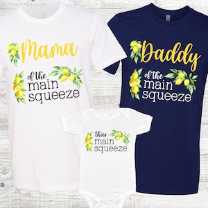 Lemon Theme Baby Shower Shirts - main squeeze lemon, matching family shirts, watercolor lemon floral greenery, mamas main squeeze, lemons