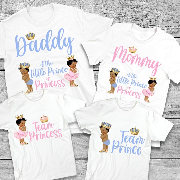 Chemises de famille prince ou princesse pour baby shower - chemises révélatrices de genre, maman papa grand-mère grand-père frère soeur tante, couronne, prince baby shower