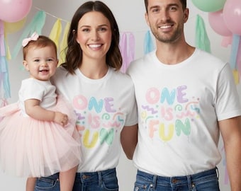 One is Fun Family T-Shirts for her 1st Birthday Party - pastel themed birthday girl, balloon 1st birthday, mom dad grandma sister aunt