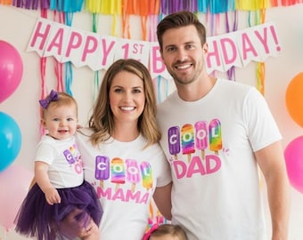 Popsicle Birthday Family Shirts - 1er anniversaire de fille, cool, thème d'anniversaire de crème glacée, premier anniversaire de fille, sucettes glacées roses violettes, été