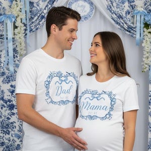 Chinoiserie Baby Shower Shirts - blue floral, boy baby shower, mom dad grandma brother, toile fleure, victorian, dusty blue, french blue