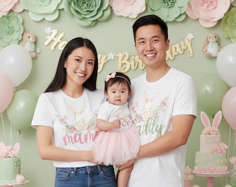 Bunny 1st Birthday Family T-Shirts - some bunny is one, first birthday girl, mama bunny, spring birthday girl, pink floral rabbit