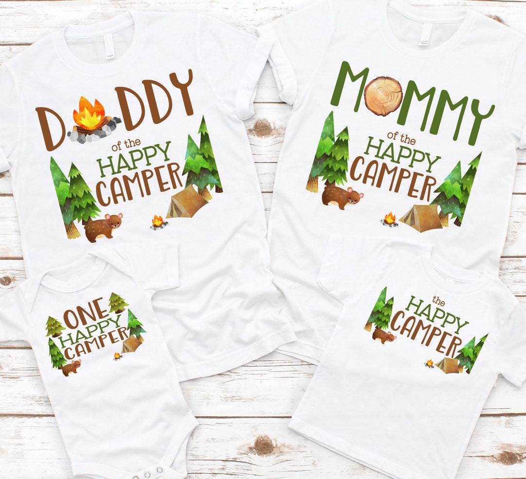 Happy Camper Birthday Family Shirts - Bear Tent Trees, One Happy