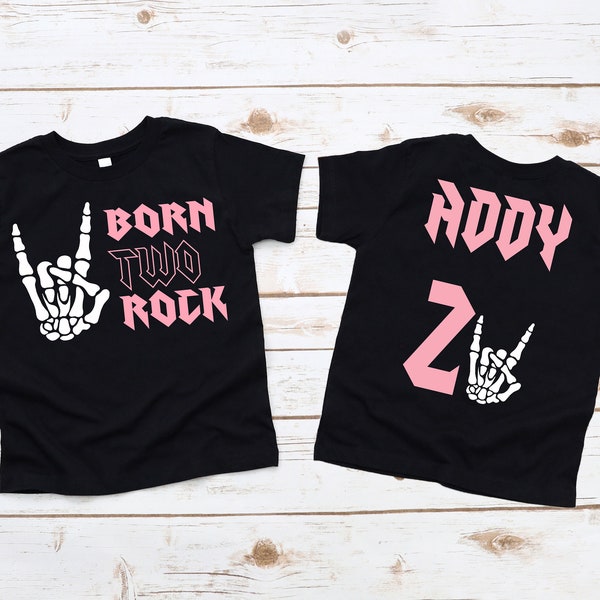 Born TWO Rock Birthday Girl Shirt - rock music themed birthday, skeleton rock on hand, personalized, name number, pink girl rock music