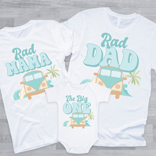 The Big One Surf Birthday Shirts for Family - retro surf bus, big one wave, groovy boho 1st birthday, surfs up, catch a wave, surfing bday