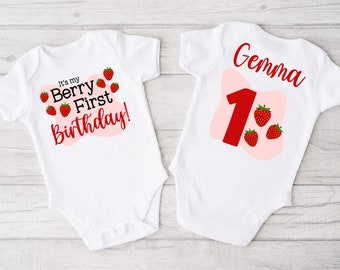 Berry First Birthday Girl Bodysuit or Shirt - strawberry 1st birthday, berry sweet one, one year old outfit, pink red strawberry birthday