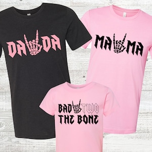 Bad TWO the Bone matching Family Shirts in Pink - rock theme birthday, skeleton halloween, Boo-day, mom dad brother nana, two year old girl