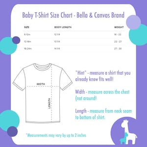 Puede incluir: Una tabla de tallas para camisetas de beb&eacute; de la marca Bella & Canvas. La tabla muestra tallas de 6 a 12 meses a 18 a 24 meses, con las longitudes de cuerpo y los pesos correspondientes en pulgadas y libras. Un diagrama muestra c&oacute;mo medir una camiseta para un buen ajuste.