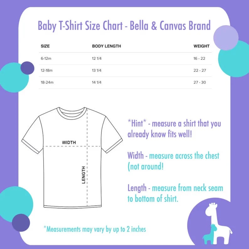 Puede incluir: Una tabla de tallas para camisetas de beb&eacute; de la marca Bella & Canvas. La tabla muestra tallas de 6 a 12 meses a 18 a 24 meses, con las longitudes de cuerpo y los pesos correspondientes en pulgadas y libras. Un diagrama muestra c&oacute;mo medir una camiseta para un buen ajuste.