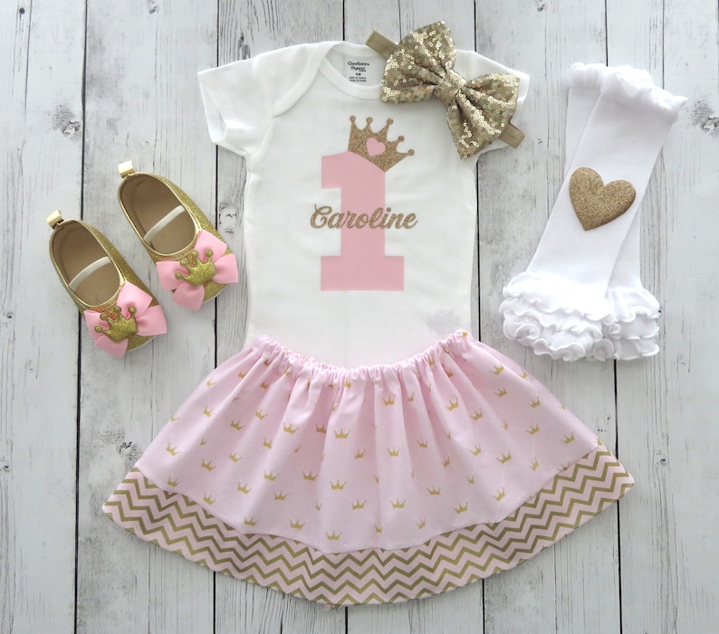 princess crown girl 1st birthday pink and gold first birthday outfit personalized Princess First Birthday Outfit in pink and gold