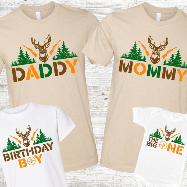 Deer Hunting Themed Family Shirts - birthday or baby shower, the big one, little buck, camo, mom dad brother nana, oh deer, orange green