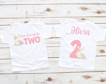 Some Bunny is Two T Shirt for Birthday Girl - 2nd birthday shirt, easter spring birthday, 2nd birthday girl shirt, somebunnys two, pink gold