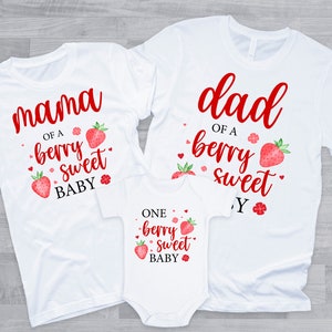 Berry Sweet Family T-Shirts for Baby Shower - summer strawberry, berry sweet baby, baby shower girl, strawberries, baby sprinkle, blush