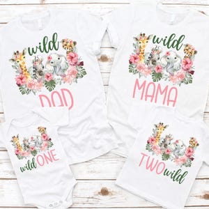 Wild One or Two Wild Safari Animal Birthday Family Shirts - lion giraffe elephant, zoo, pink floral safari, baby girl birthday bodysuit