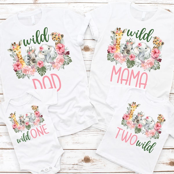 Wild One or Two Wild Safari Animal Birthday Family Shirts - lion giraffe elephant, zoo, pink floral safari, baby girl birthday bodysuit