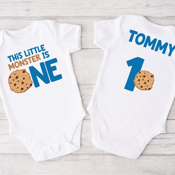 Cookie 1st Birthday Boy Bodysuit - first birthday, monster is one outfit, blue cookie birthday, milk and cookies, name and number on back