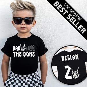 Bad TWO the Bone Birthday Boy Shirt - rock n roll birthday theme, 2nd birthday shirt, skeleton rock on hand, personalized name number, two