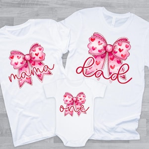 Valentines Day Coquette Bow Birthday or Baby Shower Family Shirts - red pink hearts, mom dad grandma sister, little sweetheart, feb birthday
