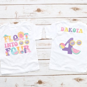 Float into FOUR Pool Party Birthday Girl Shirt - splish splash, 4th birthday t shirt, summer birthday, four year old, swimming pool party