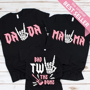Bad TWO the Bone Birthday Family Shirts - 2nd birthday girl, rock n roll birthday theme, rock on skeleton hand, two year old, born two rock