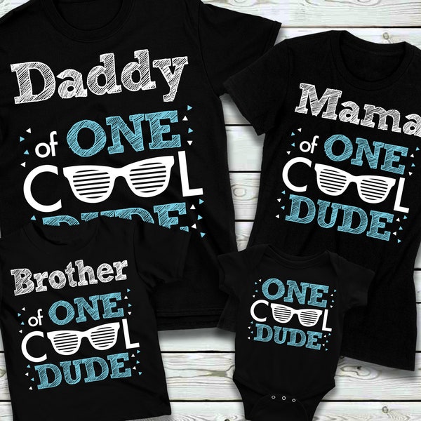 ONE Cool Dude Birthday Family Shirts - 1st birthday boy, blue sunglasses, boy birthday theme, first birthday boy, black colored shirts