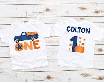 Pumpkin Truck 1st Birthday Boy Shirt - primer cumpleaños, naranja marino, un año de edad, otoño 1er cumpleaños, camiseta de niño bday de camión de calabaza azul marino