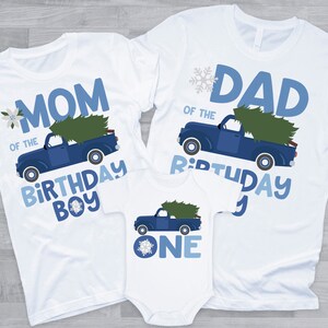 Winter Truck 1st Birthday Family Shirts - blue winter ONEderland birthday boy, mom dad nana brother aunt, xmas bday, 1st bday, 2nd bday boy