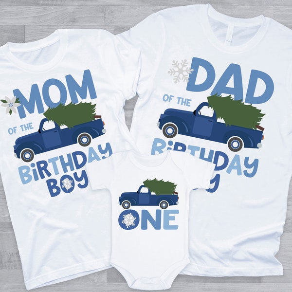 Winter Truck 1st Birthday Family Shirts - blue winter ONEderland birthday boy, mom dad nana brother aunt, xmas bday, 1st bday, 2nd bday boy