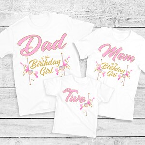 Carousel Horse Family T-Shirts for her Birthday Party - pink and gold bday girl, carousel horse birthday girl, mom dad nana papa sister aunt