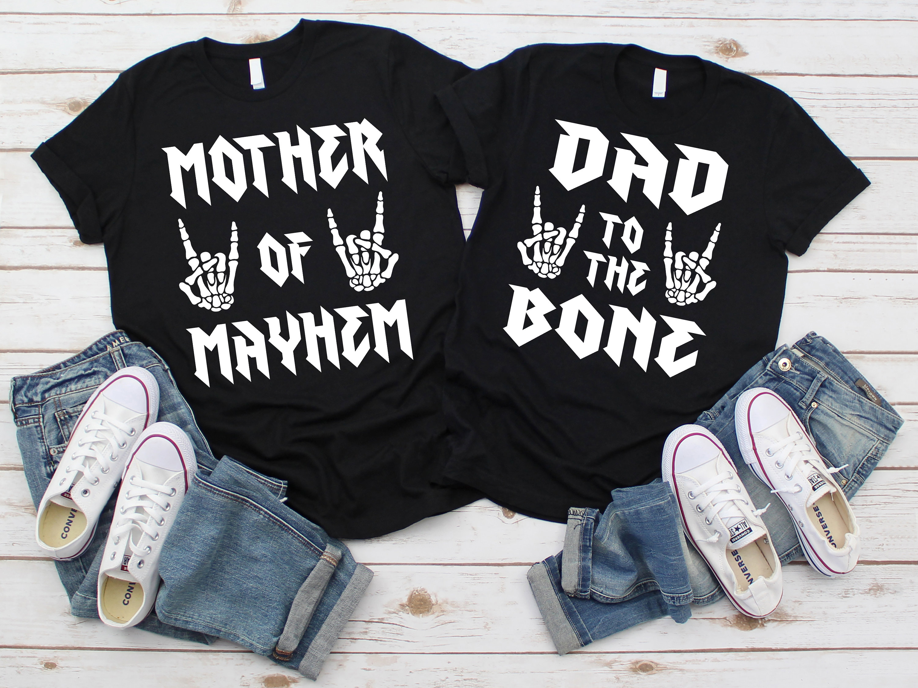 Mother of Mayhem and Dad to the Bone Shirts - rock n roll birthday theme, rock on skeleton hand, bad two the bone, born two rock, mom shirt