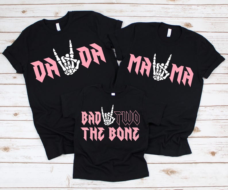 Bad TWO the Bone Birthday Family Shirts - 2nd birthday girl, rock n roll birthday theme, rock on skeleton hand, two year old, born two rock image 2