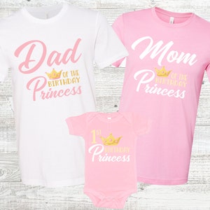 1st Birthday Princess with Matching Family Shirts - princess 1st birthday girl, mom dad nana aunt sister, colored shirts, pink gold princess