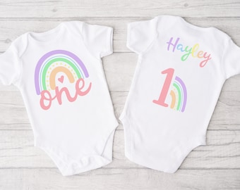 Pastel Rainbow ONE Bodysuit for Birthday Girl - 1st birthday shirt, pastel rainbow bday girl, 1st birthday girl shirt, pink pastel rainbow
