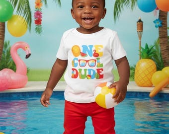 Camiseta de cumpleaños para niño con fiesta en la piscina de ONE Cool Dude - chapoteo, chapoteo, body de primer cumpleaños, cumpleaños de verano tropical, un año, fiesta en la piscina
