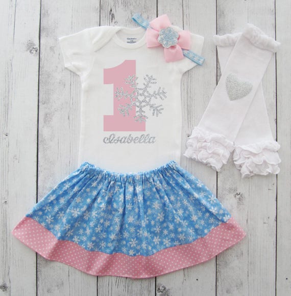 Pink Blue Snow Snowflakes Winter 1st Baby Birthday Shirt Tutu Outfit Set girl