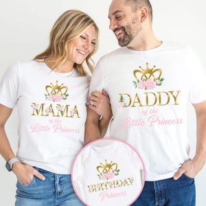 Princess Birthday Family Shirts - pink gold princess birthday girl, mom dad sister, pink gold floral crown, little princess birthday girl